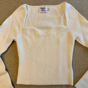 Princess Polly White Sweetheart Ribbed Long Sleeve Crop Sweater Knit Top XS/S